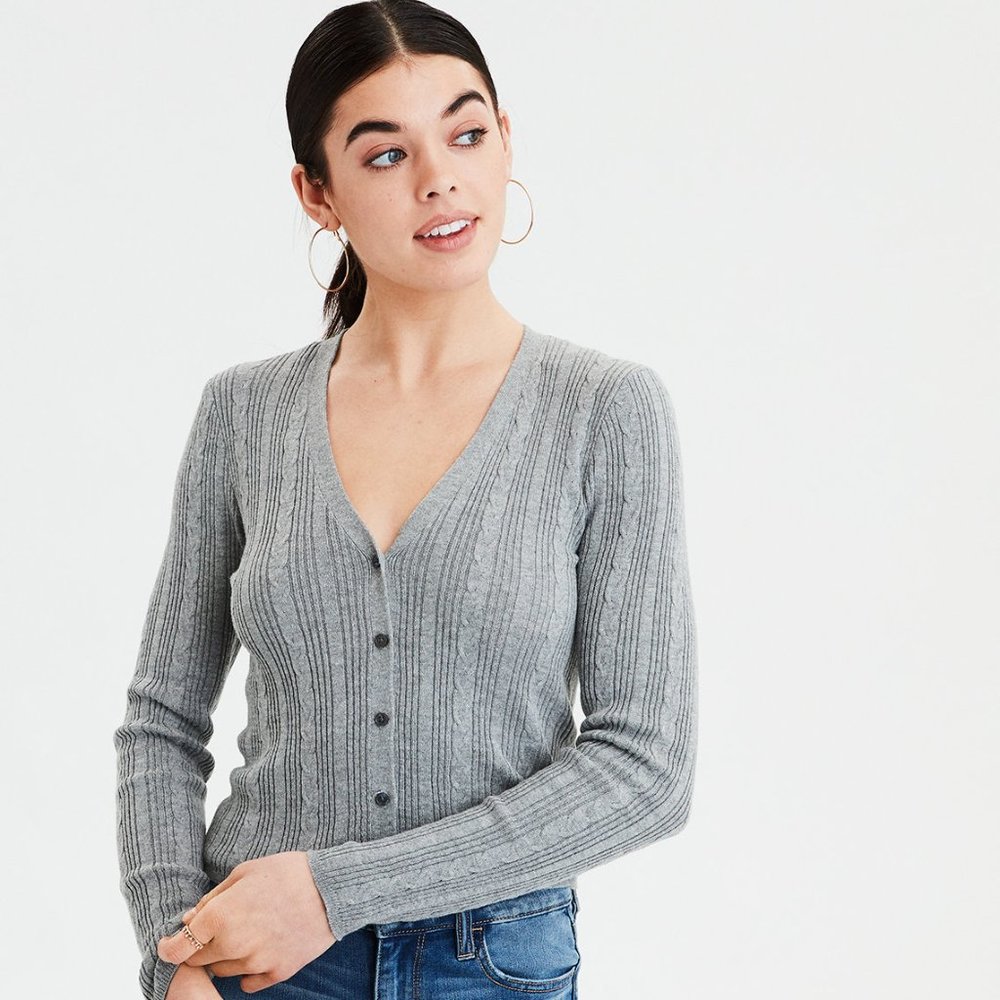 American Eagle Bodycon Cable Knit Gray Cardigan Sweater